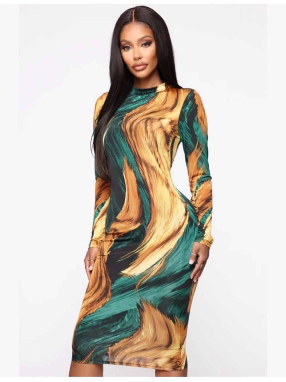 SHEIN Green and Gold Swirl-Print Long Sleeve Midi Dress